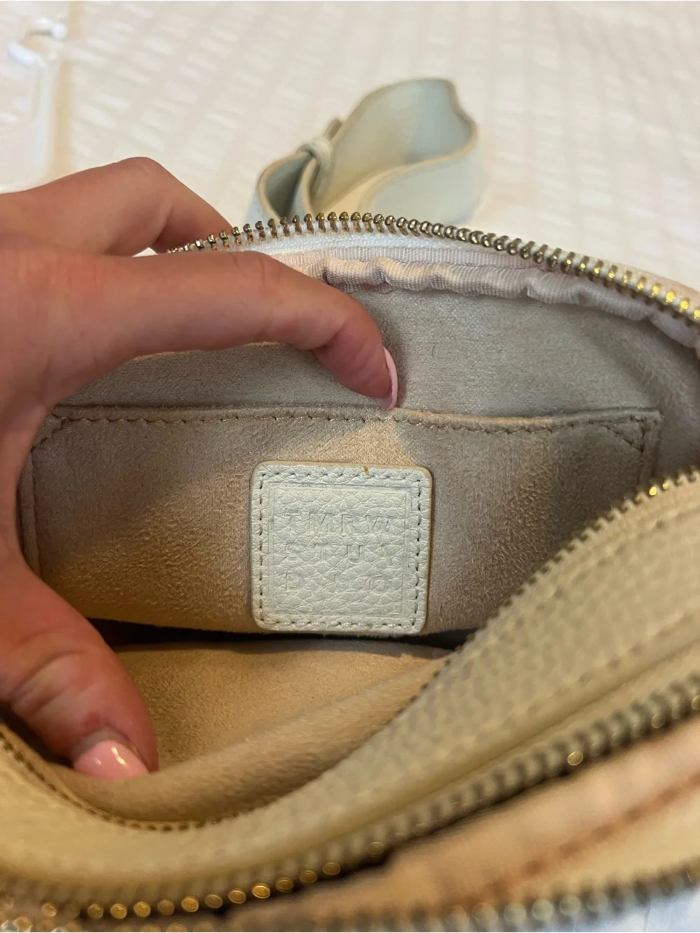 Cream Perforated Leather Crossbody Belt Bag with Adjustable Strap